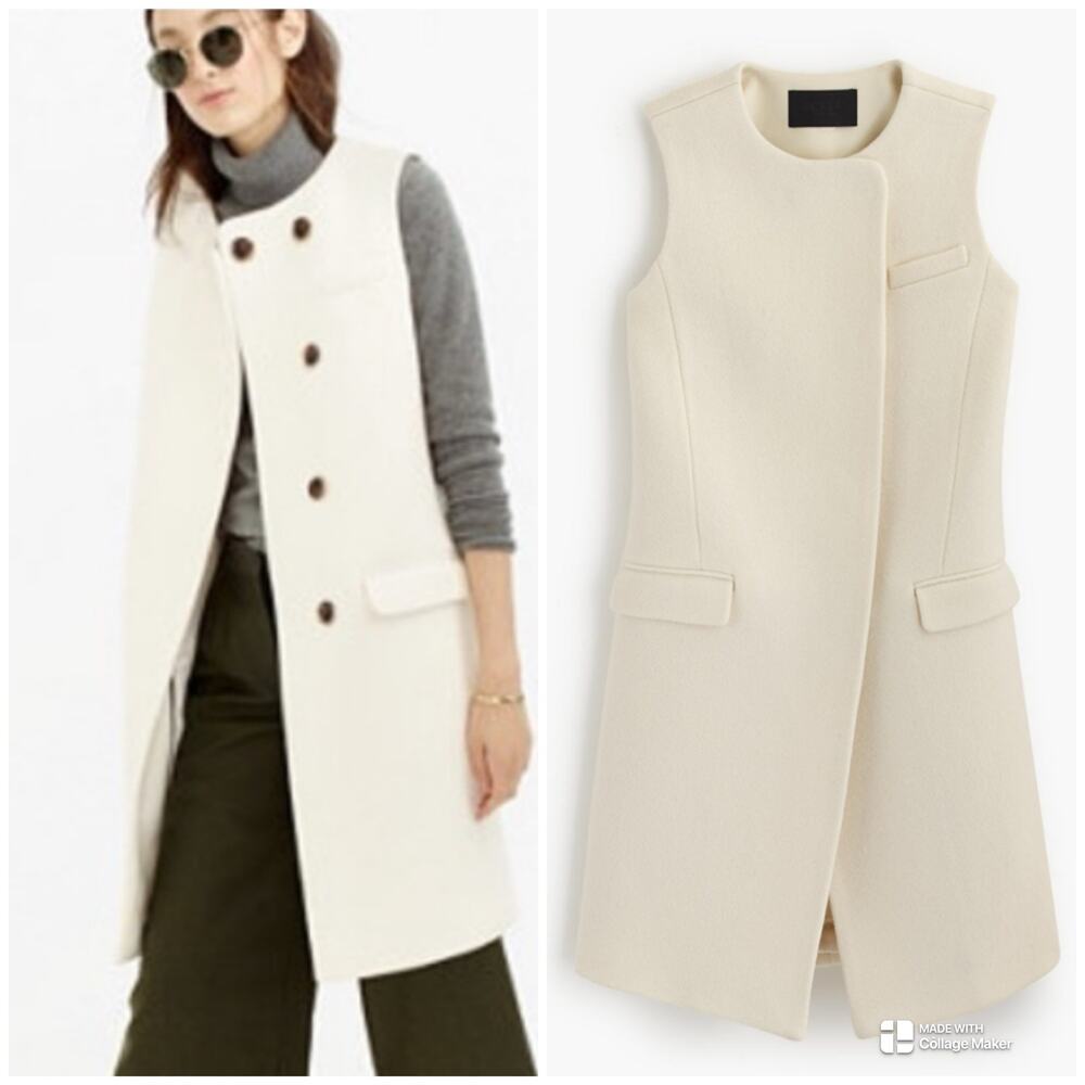 J. Crew Collection Double Faced Italian Wool Sleeveless Coat Vest Sz 0 E2333 EUC